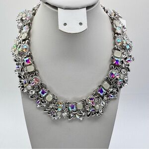 AB Crystal Statement Necklace Silver Bold Glam Rhinestone Bib Collar Formal